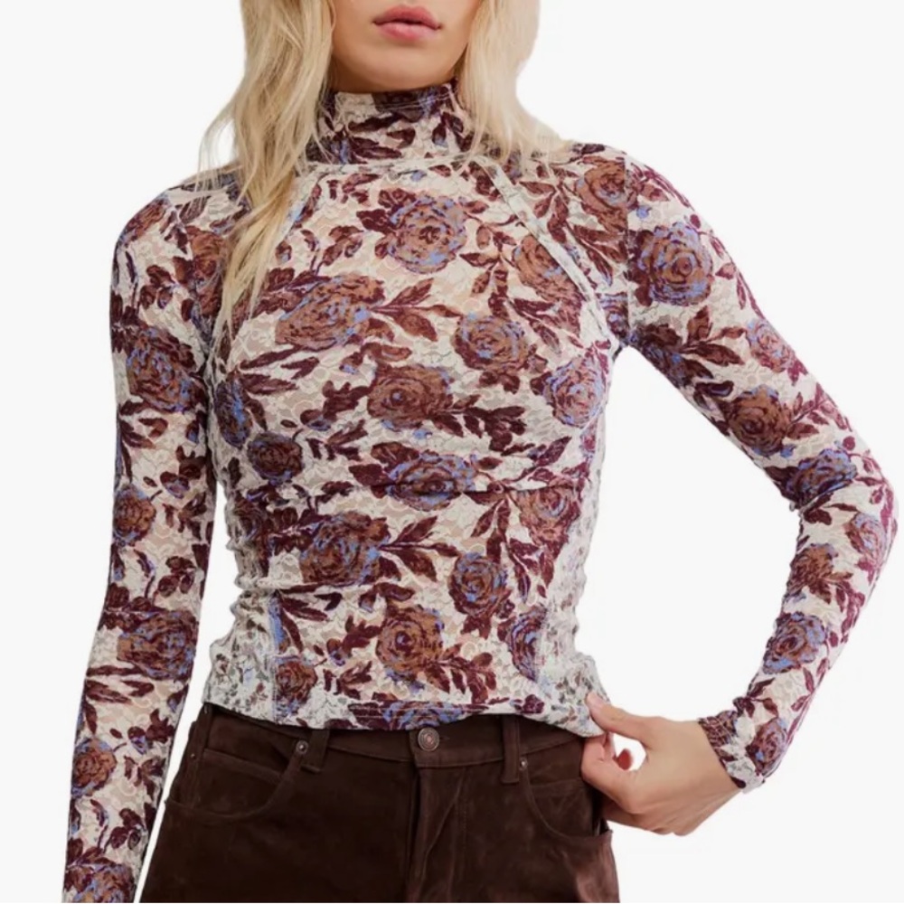 Free People Lyric Floral Lace Top Ivory Combo Size S